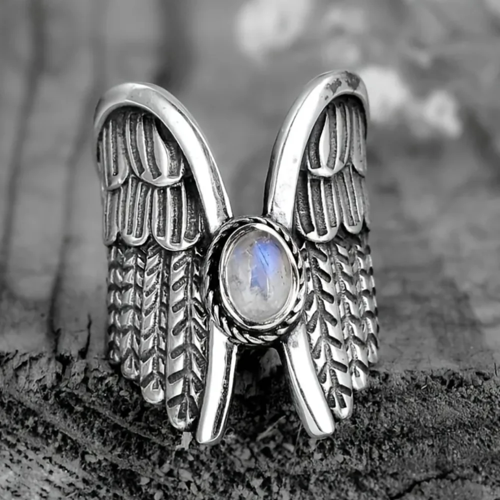 Angel Wings Moonstone Feather Ring Silver Plated Lab Created Gem Multiple Sizes - Picture 2 of 12